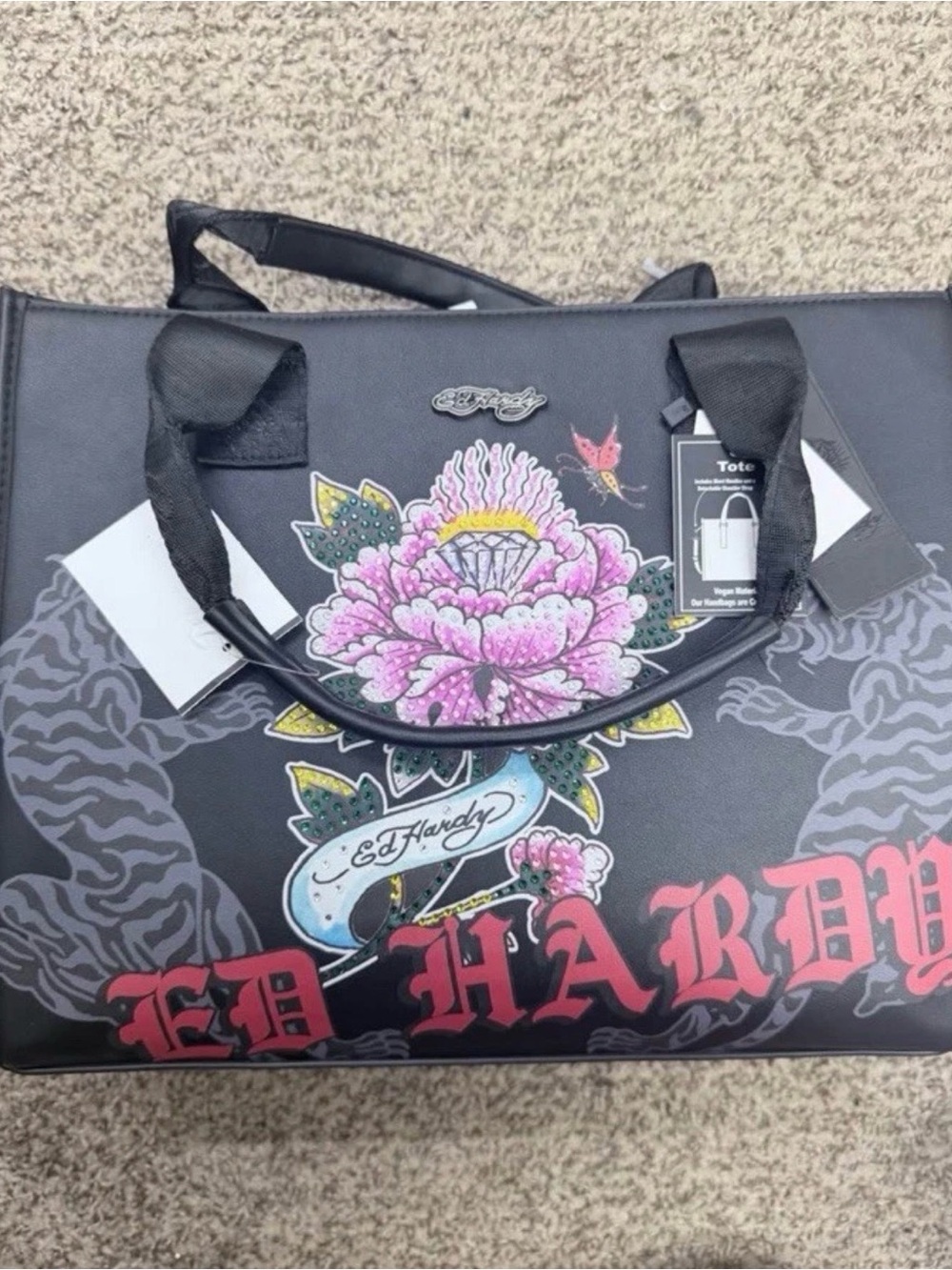 NWT Ed Hardy Black Tote Bag Purse with Floral and Tiger Graphic